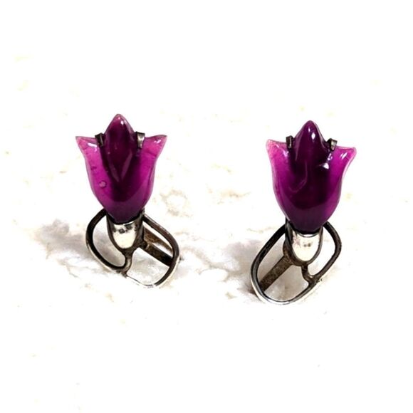 Vintage 40's /50's Sterling Silver & Purple Lucite Tulip Screw Back Earrings - Picture 1 of 11